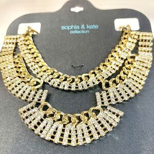 Sophia & Kate Necklace Bib Layered Rhinestones and Gold Chain  16” Choker 20”
